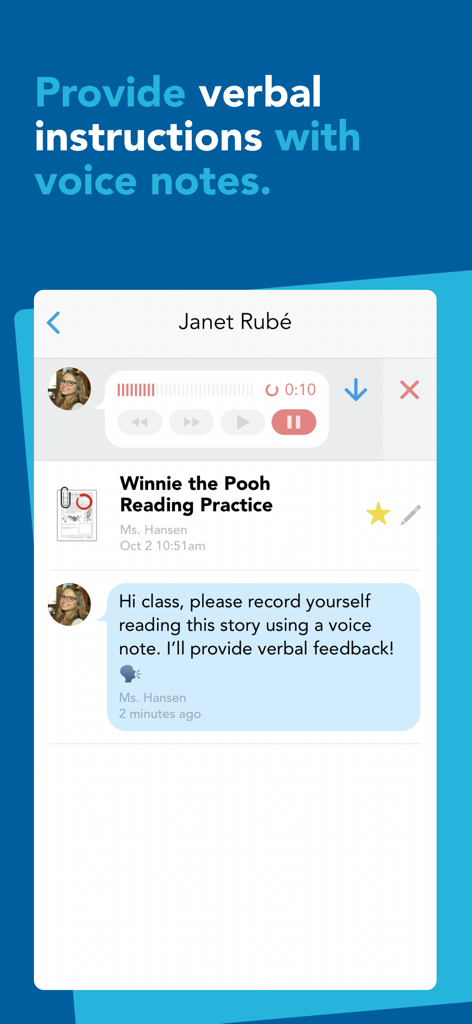 L'interface de l'application Showbie montre un enseignant donnant des instructions verbales et des commentaires à l'aide de notes vocales pour un devoir de lecture.