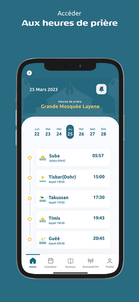 Layéne - A smartphone displaying the daily prayer times schedule for the Grande Mosquee Layene in the Layene app interface