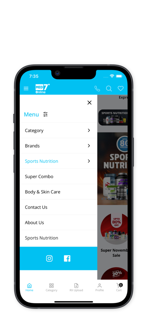 MED7 Online - Navigation menu of the MED7 Online pharmacy app showing categories like sports nutrition and skin care.