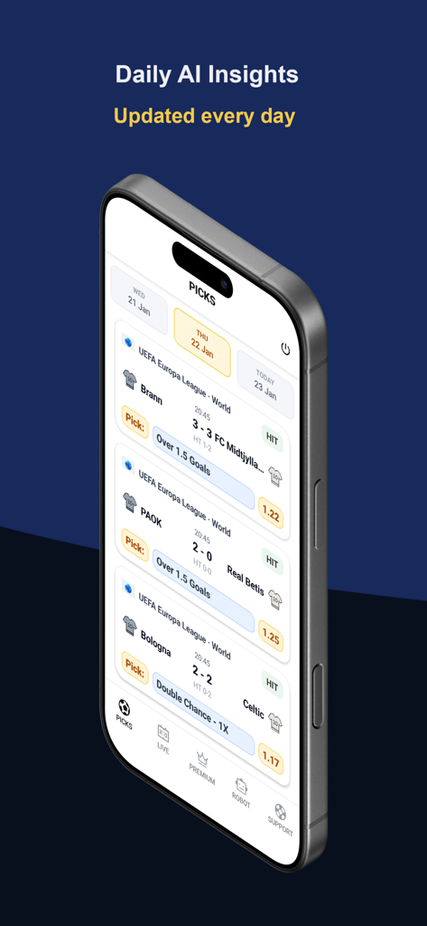 BetPredict AI: Betting Tips - Mobile app screen displaying daily AI betting insights and soccer match predictions
