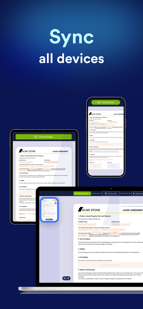 Jotform Sign app displaying a lease agreement synced across a smartphone tablet and laptop