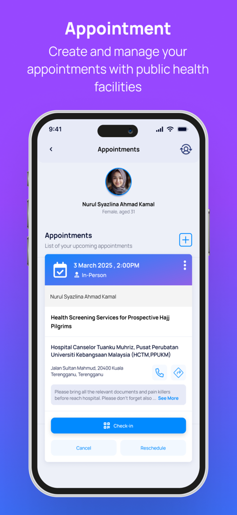 A smartphone showing the MySejahtera app's appointment screen with a user profile and an upcoming health screening booking.