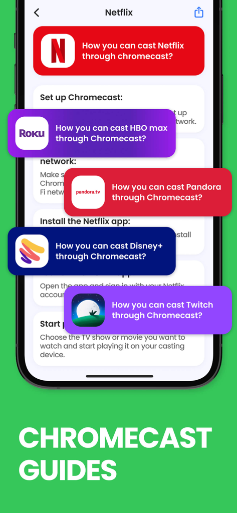 Screen Mirroring &‎ TV Cast - Interfaz de aplicación móvil que muestra guías detalladas de Chromecast para transmitir aplicaciones como Netflix, HBO Max y Disney Plus.