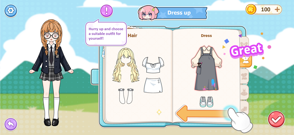 Kawaii Paper Doll Dressup Game - Personaje de muñeca Kawaii seleccionando un atuendo escolar en un libro de moda digital