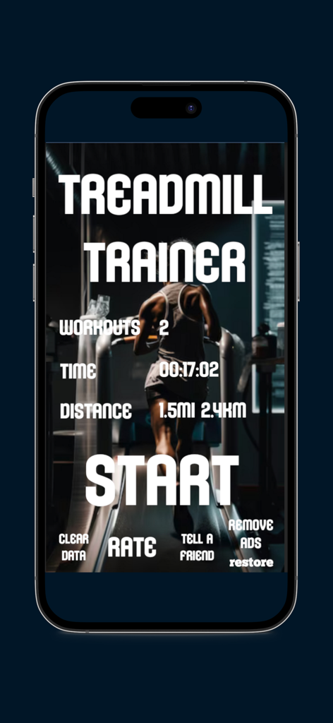 Treadmill Trainer app dashboard displaying workout statistics and a large start button