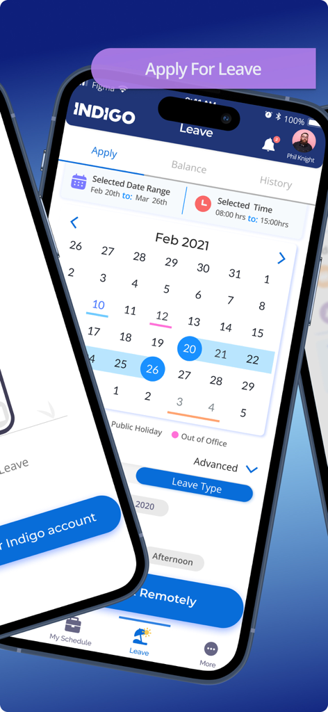Indigo Mobile - Indigo Mobile app screen for applying for employee leave using a calendar view