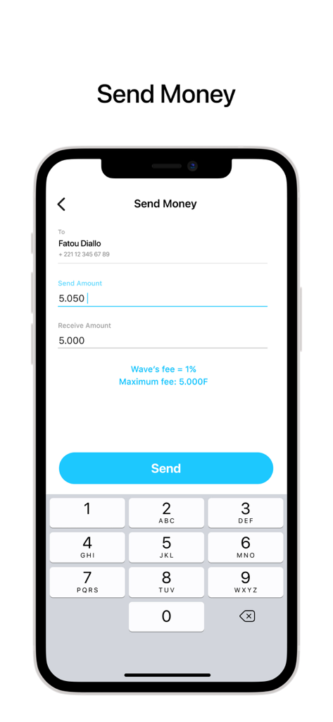 Wave mobile money app screen for sending money with a one percent transaction fee
