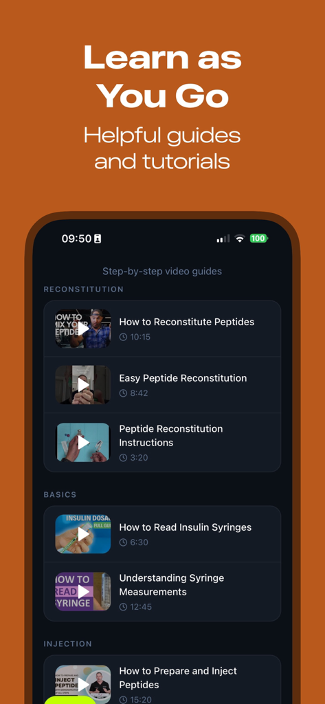 Peptide-Tracker - Peptide-Tracker app screen showing video tutorials for peptide reconstitution and injection.