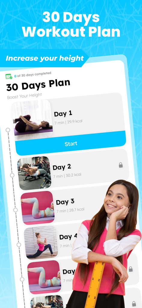 Interface mostrando um plano de treino de crescimento de altura de 30 dias com exercícios diários de alongamento e monitoramento de calorias
