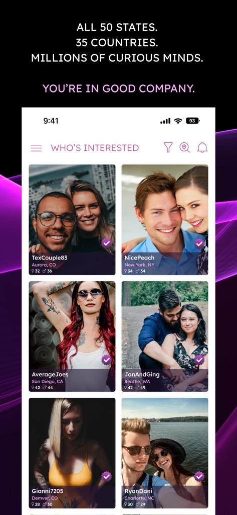 Interface of the Quiver dating app showing a discovery screen with profiles of various couples and individuals.