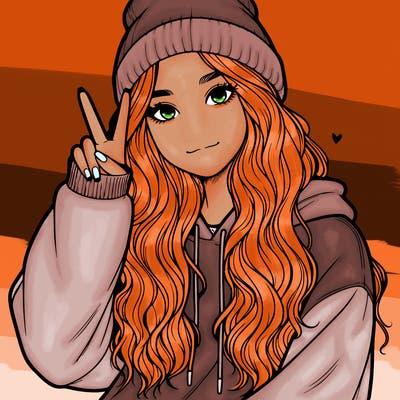 a teenage girl in a beanie, oversized sweatshirt, wavy long hair, and is showing a ✌️