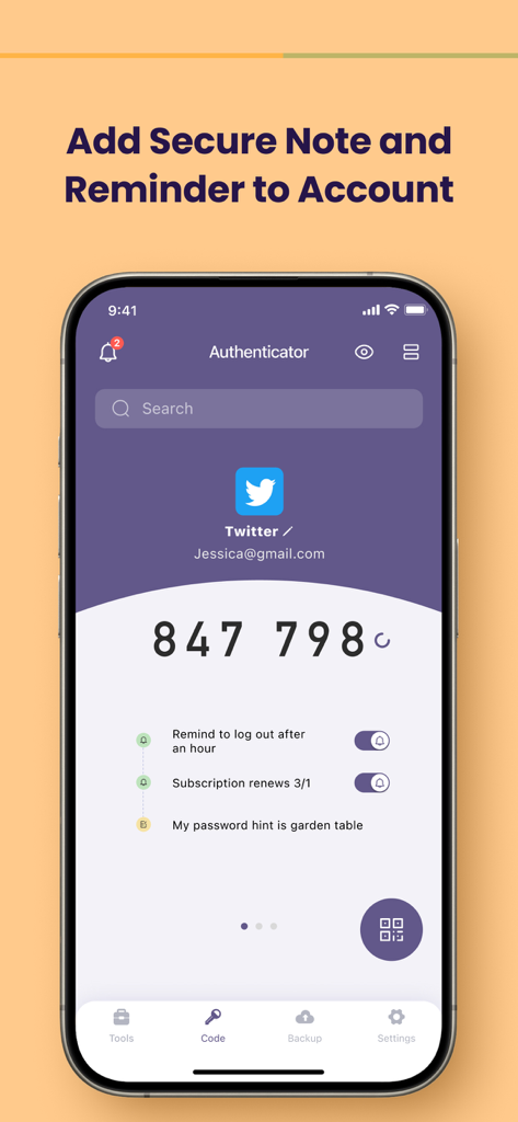 MIX SafeNote Keeper - Mix SafeNote Keeper app interface showing a 2FA code for Twitter with secure notes and reminders.