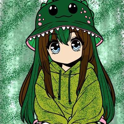 girl with anime shaped eyes with a dinosaur bucket hat oversized sweatshirt long straight hair