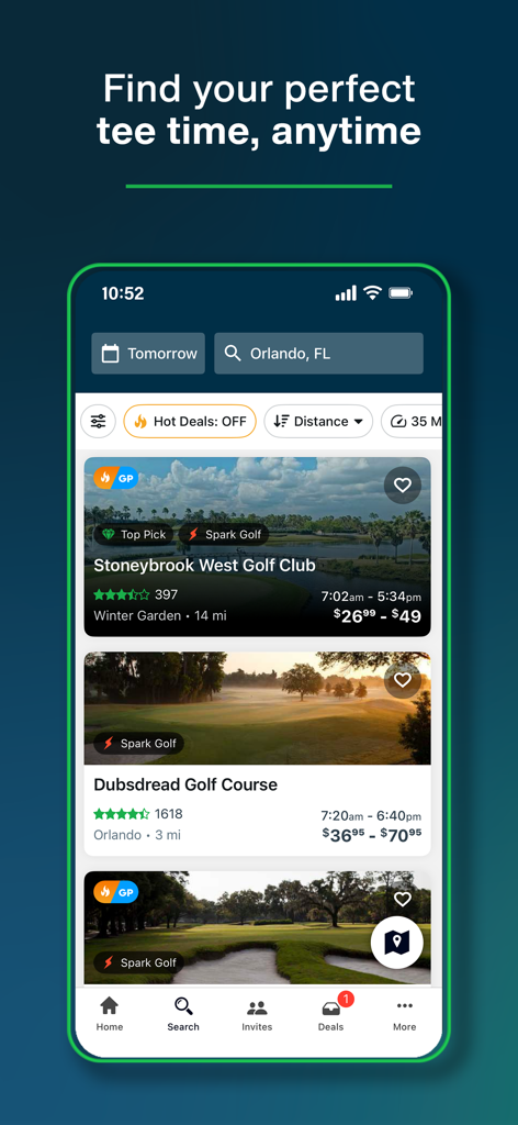 Screenshot of the GolfNow mobile app displaying available tee times and golf course listings in Orlando Florida.