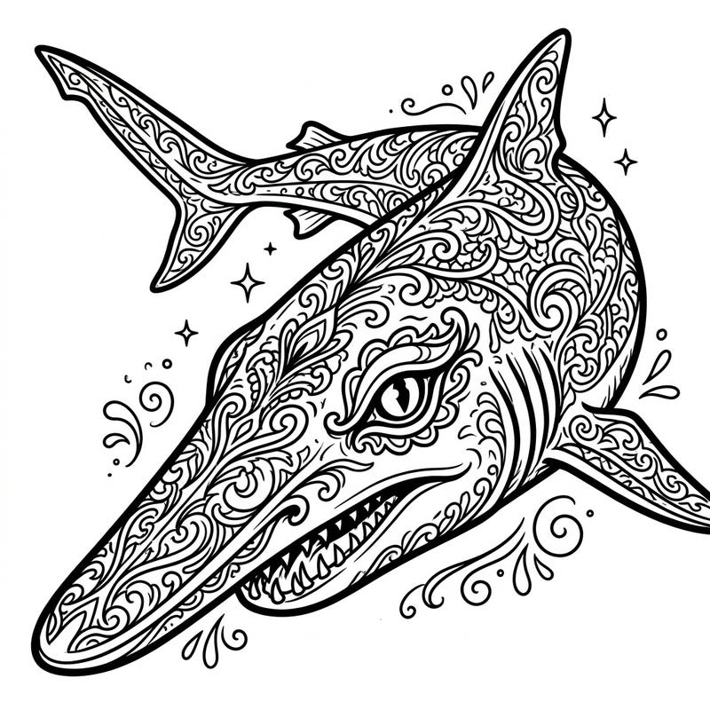 Embark on an artistic journey with this captivating goblin shark, beautifully rendered in a gothic style. Its intricate patterns and enigmatic gaze invite you to explore the darker, more mysterious side of the deep sea through your coloring.