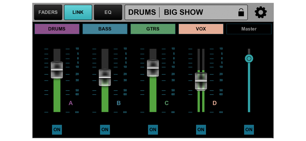 MyMon app interface showing volume faders for drums bass guitars and vocals in the link tab
