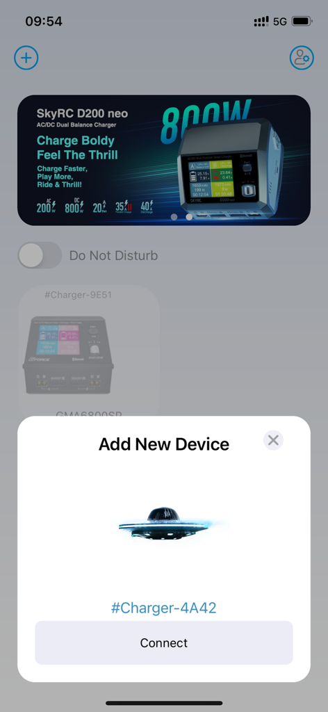 Interface of SkyCharger app showing the Add New Device pop up menu for connecting an RC battery charger.