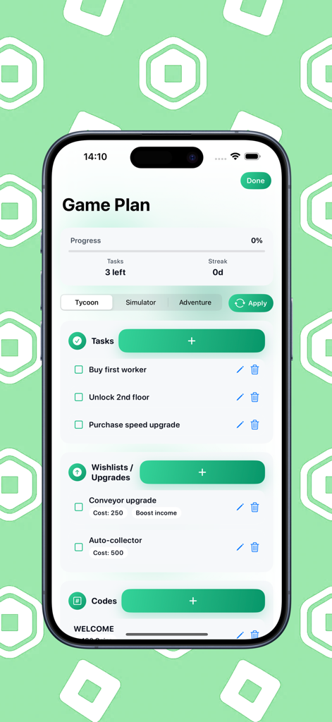 Robux Games For Roblox - Interface of the Game Plan feature showing a task checklist and progress tracker for Roblox games