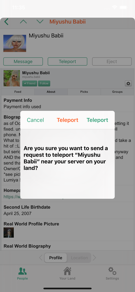 Second Lifeの友人にテレポートリクエストを送信するかどうかを確認するSL Notifierアプリの確認ポップアップ。