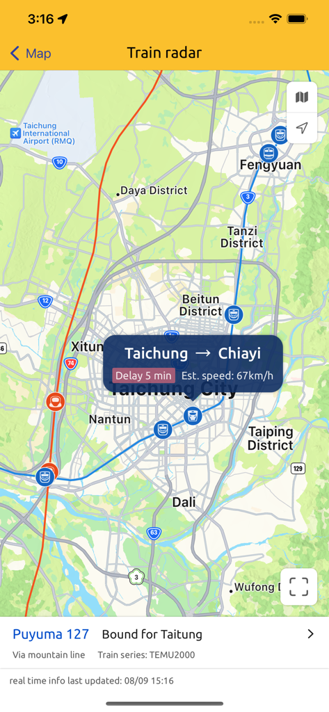 TransTaiwan: 雙鐵/捷運 時刻表 路徑規劃 - Real-time train tracking on the TransTaiwan app map showing a delayed train in Taichung City.
