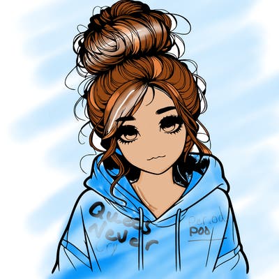 realistic girl with a massy bun and a hoodie