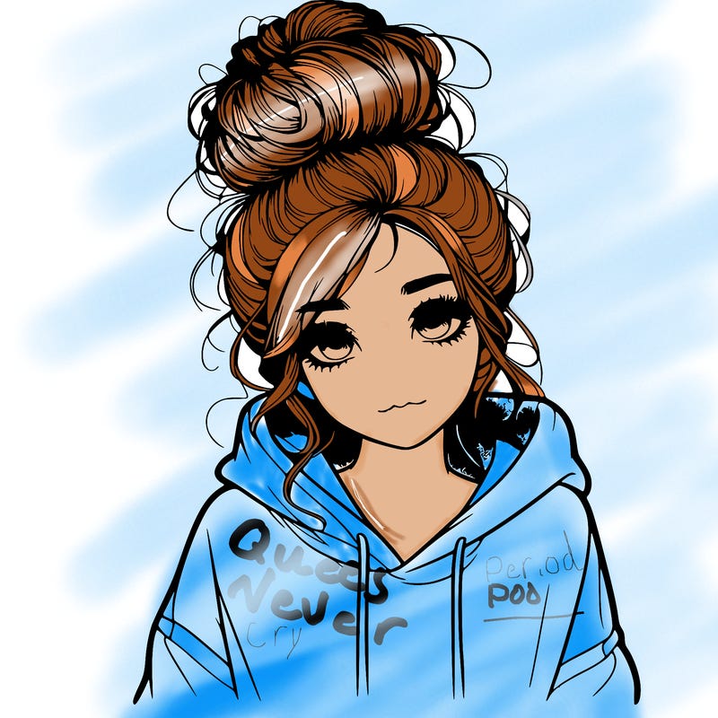 realistic girl with a massy bun and a hoodie