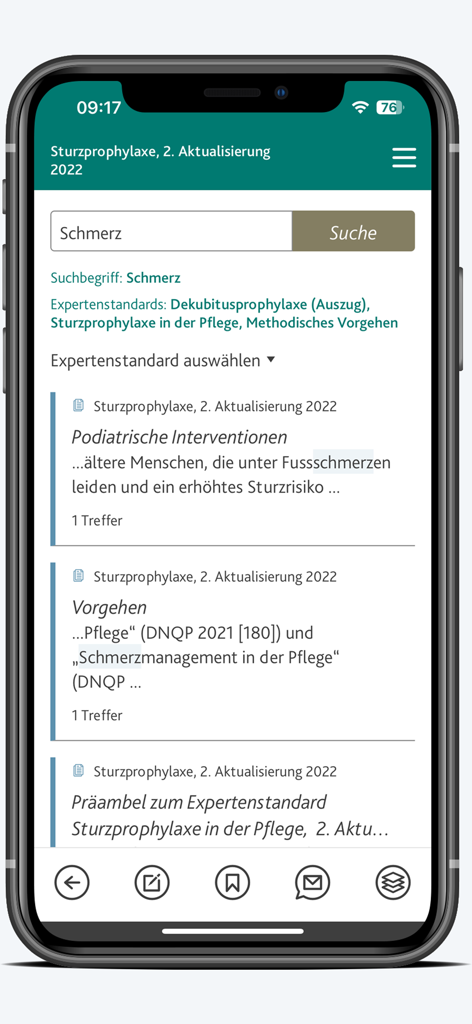 DNQP Leila - Interface de pesquisa do aplicativo DNQP Leila mostrando padrões de qualidade de enfermagem e resultados de pesquisa