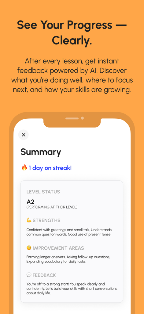LingoChatAI: Speak Confidently - LingoChatAI 앱의 진행률 요약 화면에 언어 학습 강점 및 개선 영역에 대한 AI 피드백 표시.