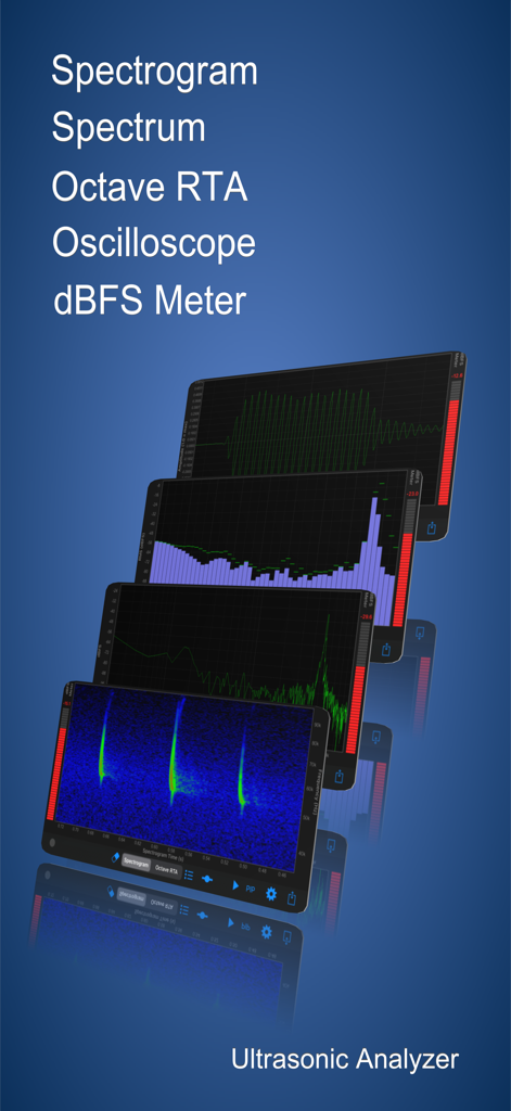 Interface screens of Ultrasonic Analyzer app showing spectrogram spectrum RTA and oscilloscope charts