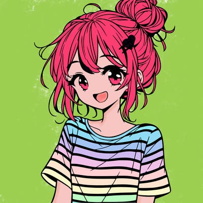 anime girl teenager striped shirt and smile and messy bun