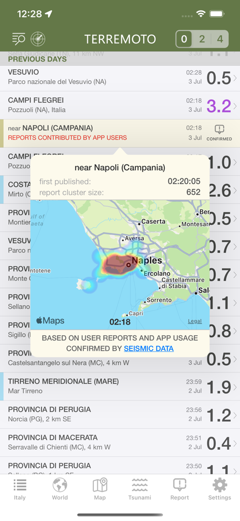 Mapa de calor de relatórios de terremotos crowdsourced perto de Nápoles no aplicativo móvel Terremoto