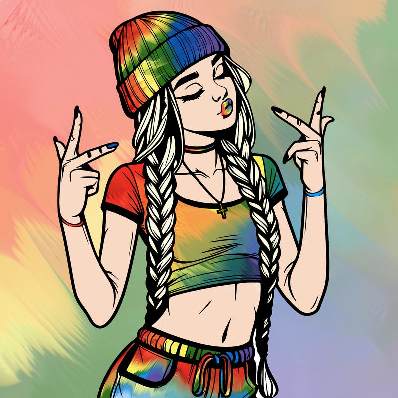 realistic teenage girl with braids and a beanie and crop top doing 🫶🏼