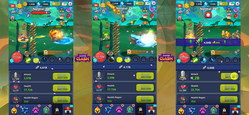 Gameplay screenshots of Kingdom Defender Idle RPG showing auto-battle combat and hero stat enhancements