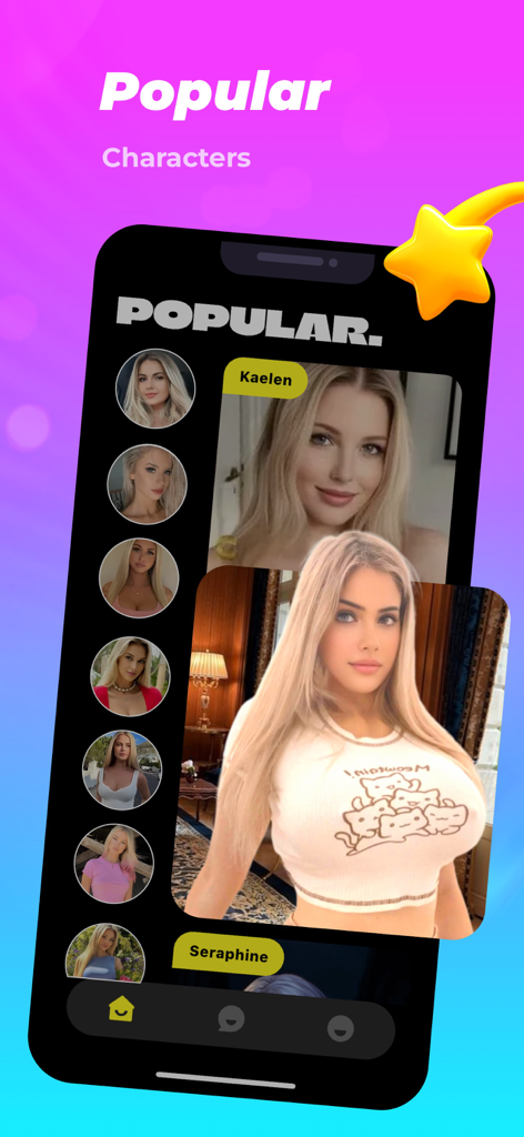 Yumme - Chat & Discover - Interfaz de la aplicación Yumme mostrando perfiles de personajes populares de IA para chat de rol de fantasía oscura