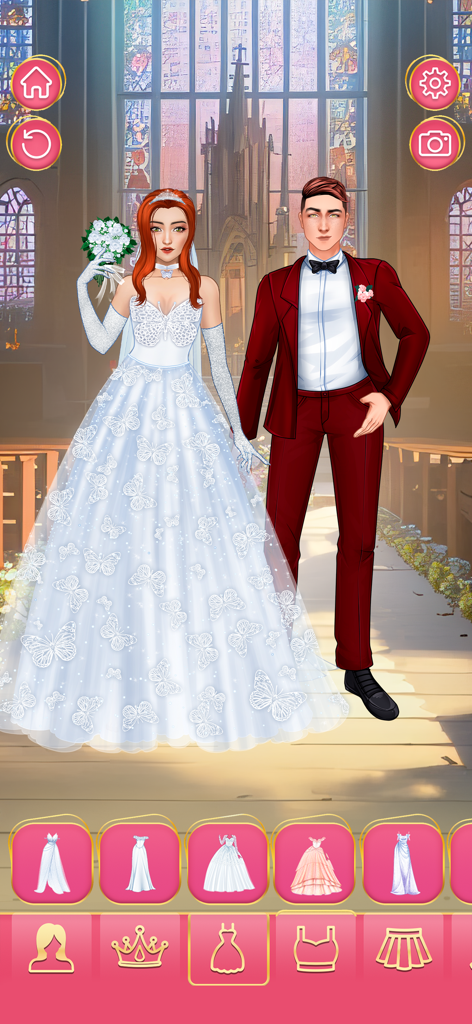 Wedding Games: Bride Dress Up - Una novia con un vestido blanco de encaje de mariposa y un novio con un esmoquin rojo de pie en una iglesia con un menú de estilismo de moda en la parte inferior.
