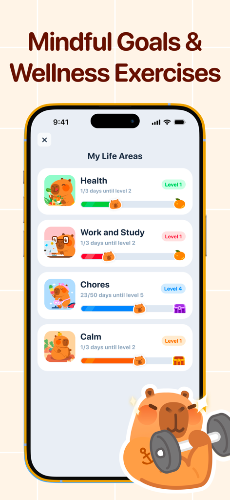 Capy: Self-Care Pet & Planner - Captura de tela do aplicativo Capy mostrando metas de vida gamificadas e categorias de bem-estar com avatares de capivara fofos