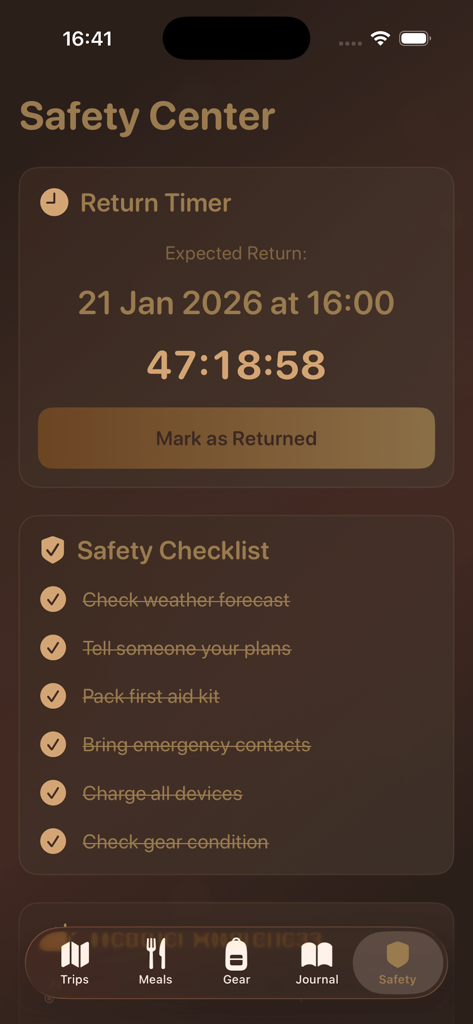 FireCamp - Pocket Guide - Centro de Seguridad de la aplicación FireCamp mostrando un temporizador de regreso y una lista de verificación de seguridad para aventuras al aire libre.