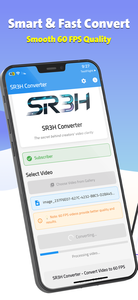 SR3H Video Converter - La interfaz de la aplicación SR3H Video Converter mostrando un video siendo procesado a una calidad fluida de 60 FPS.