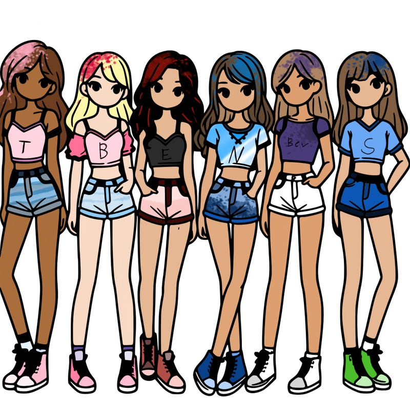 a group of girls wearing crop tops and shorts