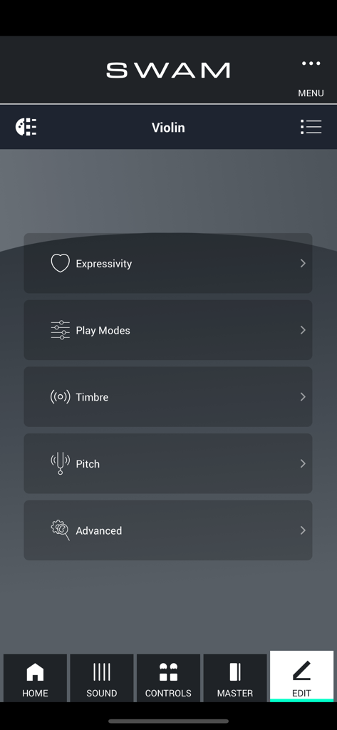Interface of the SWAM Violin app showing editing options for sound customization including expressivity and timbre.