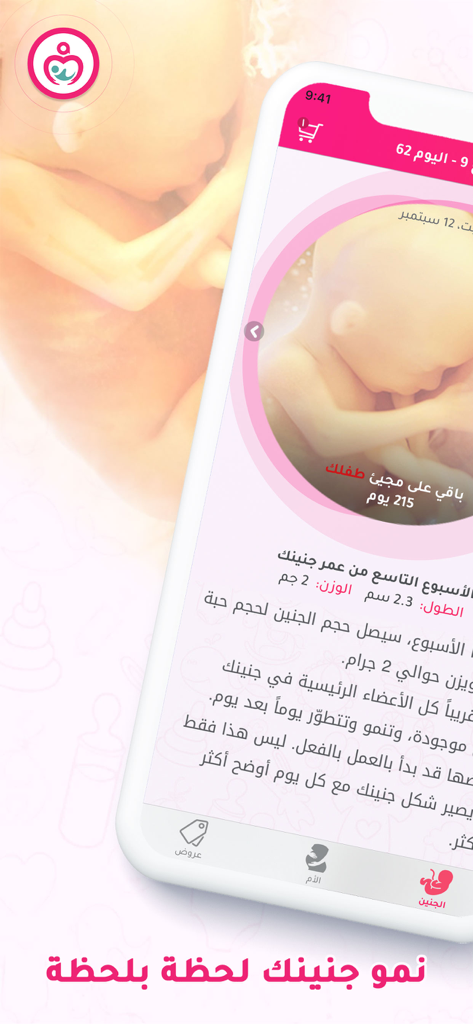 Arabic interface of the Mammy.app pregnancy tracker showing fetal development and growth data for week nine