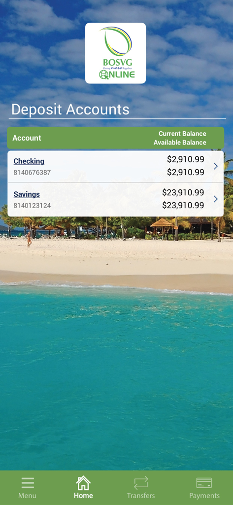BOSVG iBANK Online mobile app showing checking and savings account balances on a tropical beach background