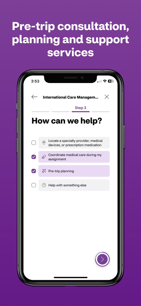 Aetna International app interface displaying options for pre-trip healthcare planning and medical care coordination during international assignments.