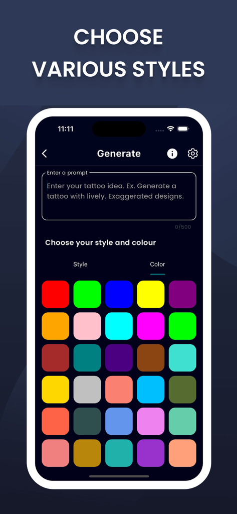 AI Tattoo Generator, Designs - A mobile app interface titled AI Tattoo Generator showing a color selection grid with various vibrant swatches for customizing tattoo designs.