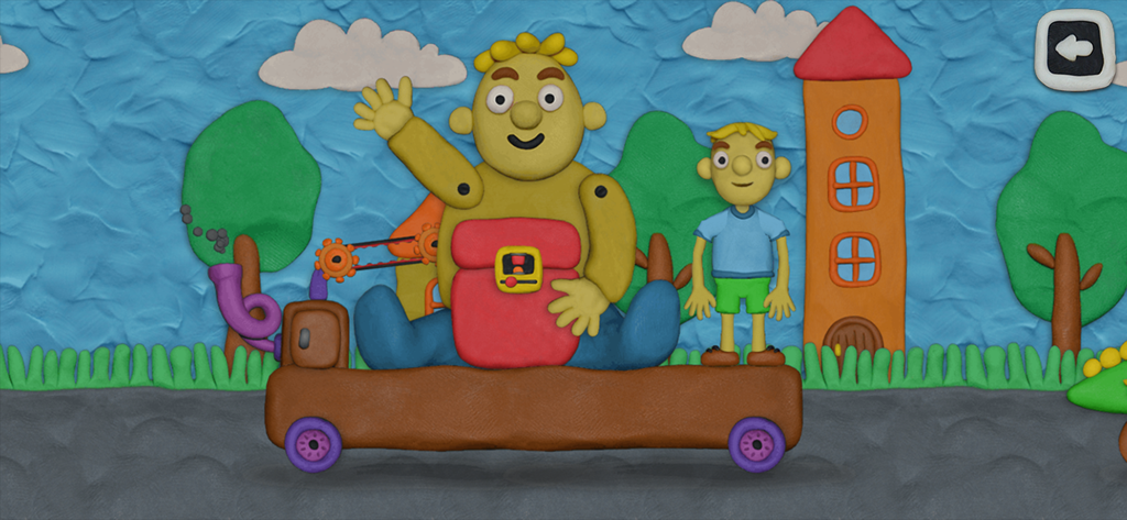 Dos personajes de plastilina en un carrito de madera en un mundo de plastilina del juego Vlad y Niki 12 Cerraduras 2