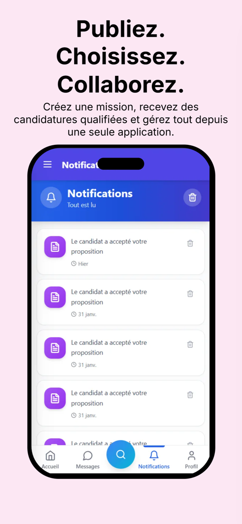 JobMinute FR App-Benachrichtigungszentrum mit Updates zu Aufträgen und Annahmen von Kandidaten