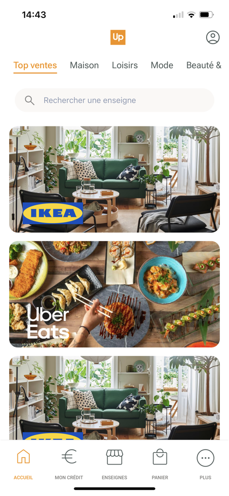 Up Cadeaux - Écran d'accueil de l'application Up Cadeaux présentant des marques partenaires comme IKEA et Uber Eats pour l'échange de cartes cadeaux.