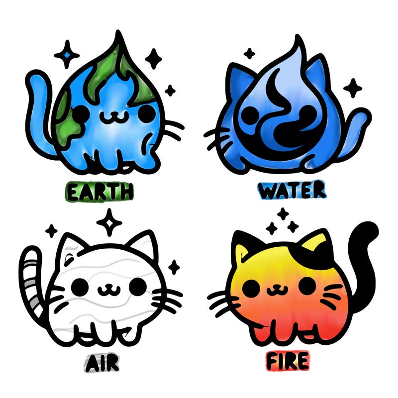 4 cats that represent the different elements, earth, water, air, and fire