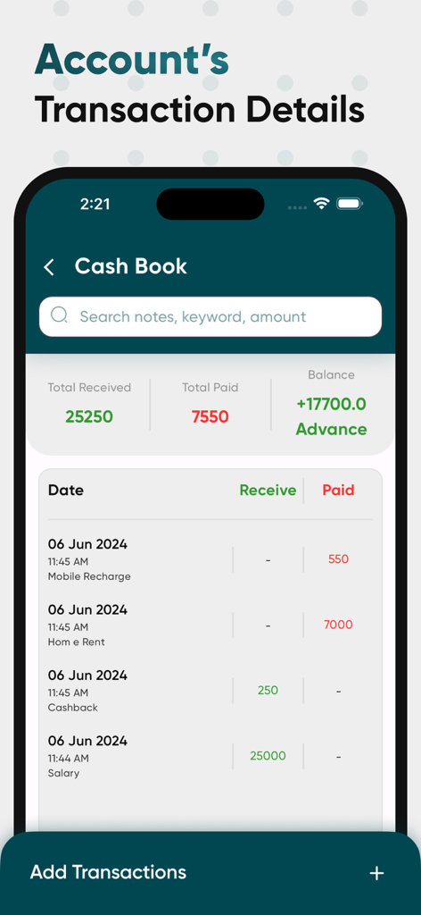 Khatabook - Credit Ledger Book - Khatabook app interface showing a cash book with transaction details for total received paid and current balance