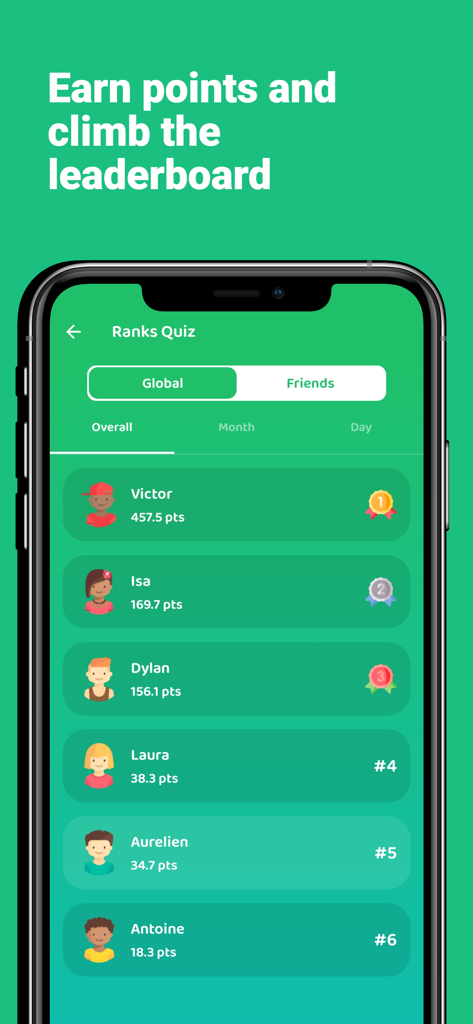 QuizHit - Blind test & Quiz - Pantalla de la aplicación QuizHit que muestra los rankings globales de jugadores y puntos en una tabla de clasificación.